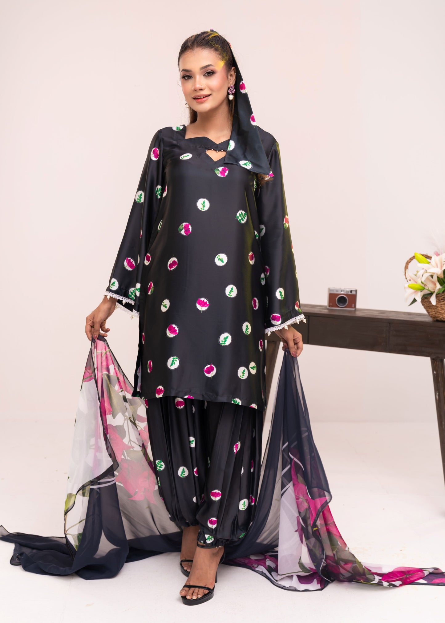 Midnight Bloom Printed Elegance Three-Piece Set