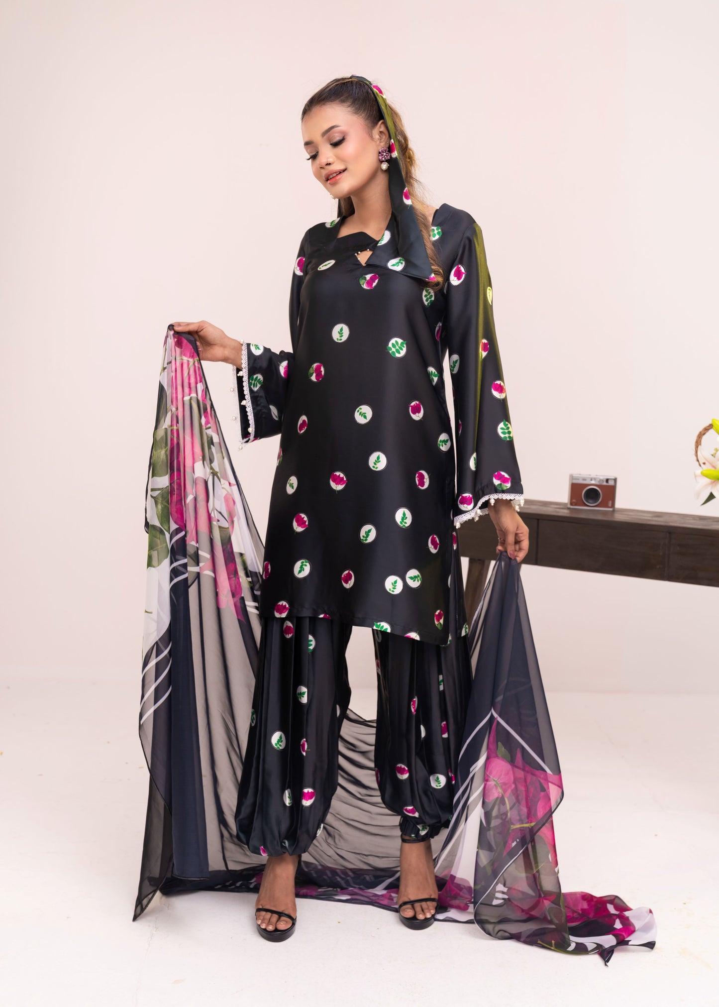 Midnight Bloom Printed Elegance Three-Piece Set