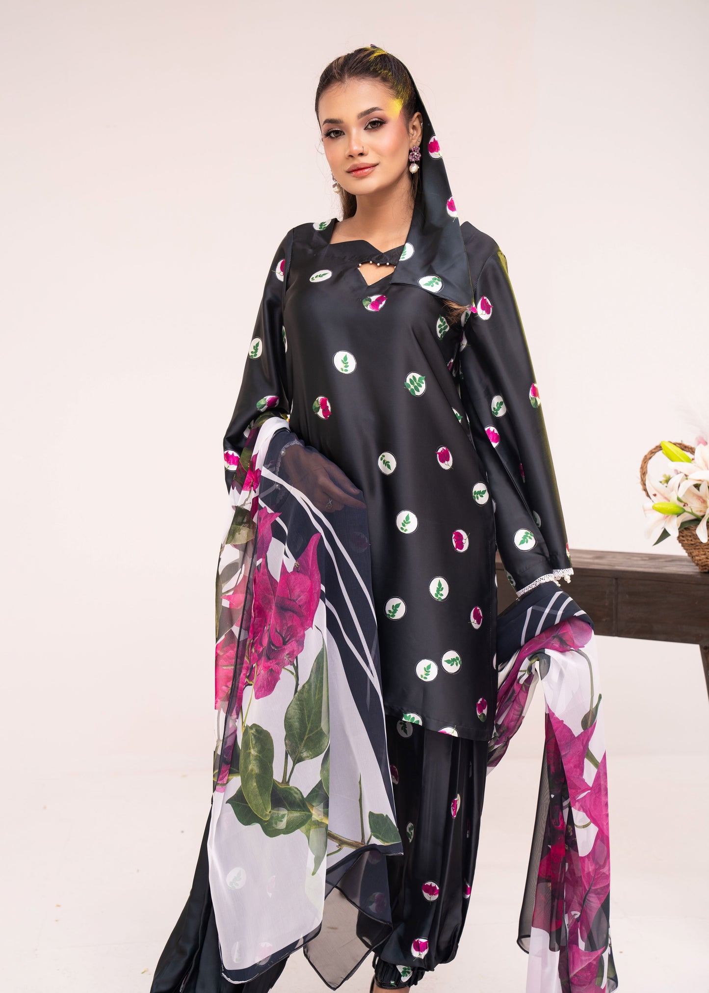 Midnight Bloom Printed Elegance Three-Piece Set