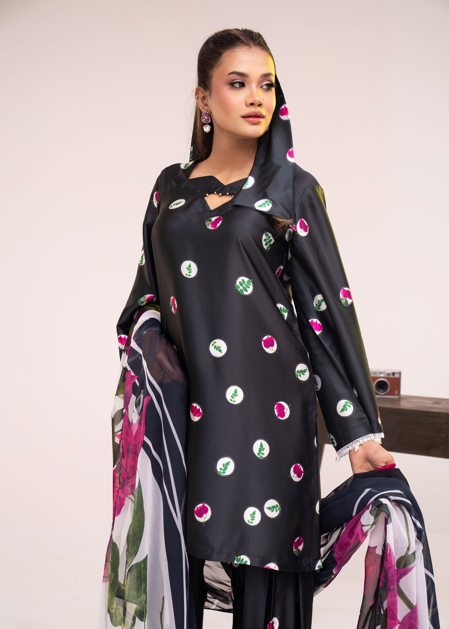 Midnight Bloom Printed Elegance Three-Piece Set