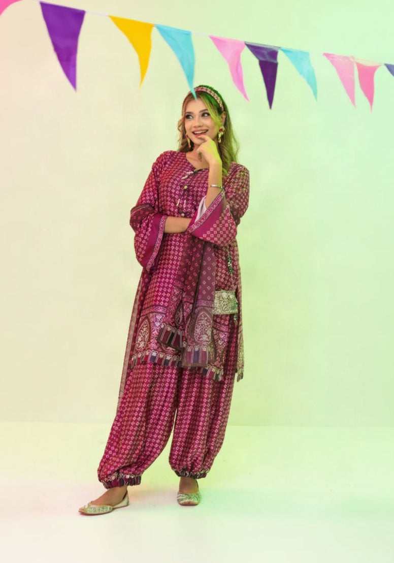 Plum Printed Elegance Three-Piece Set