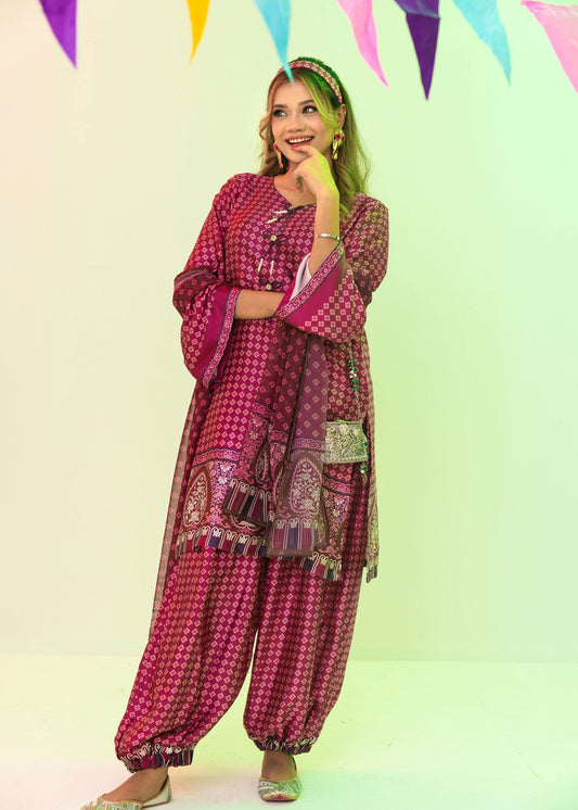 Plum Printed Elegance Three-Piece Set