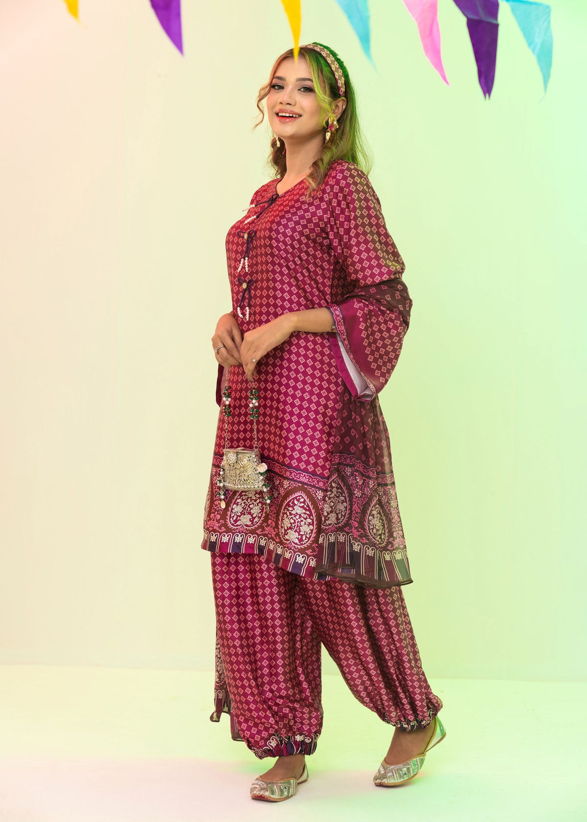 Plum Printed Elegance Three-Piece Set