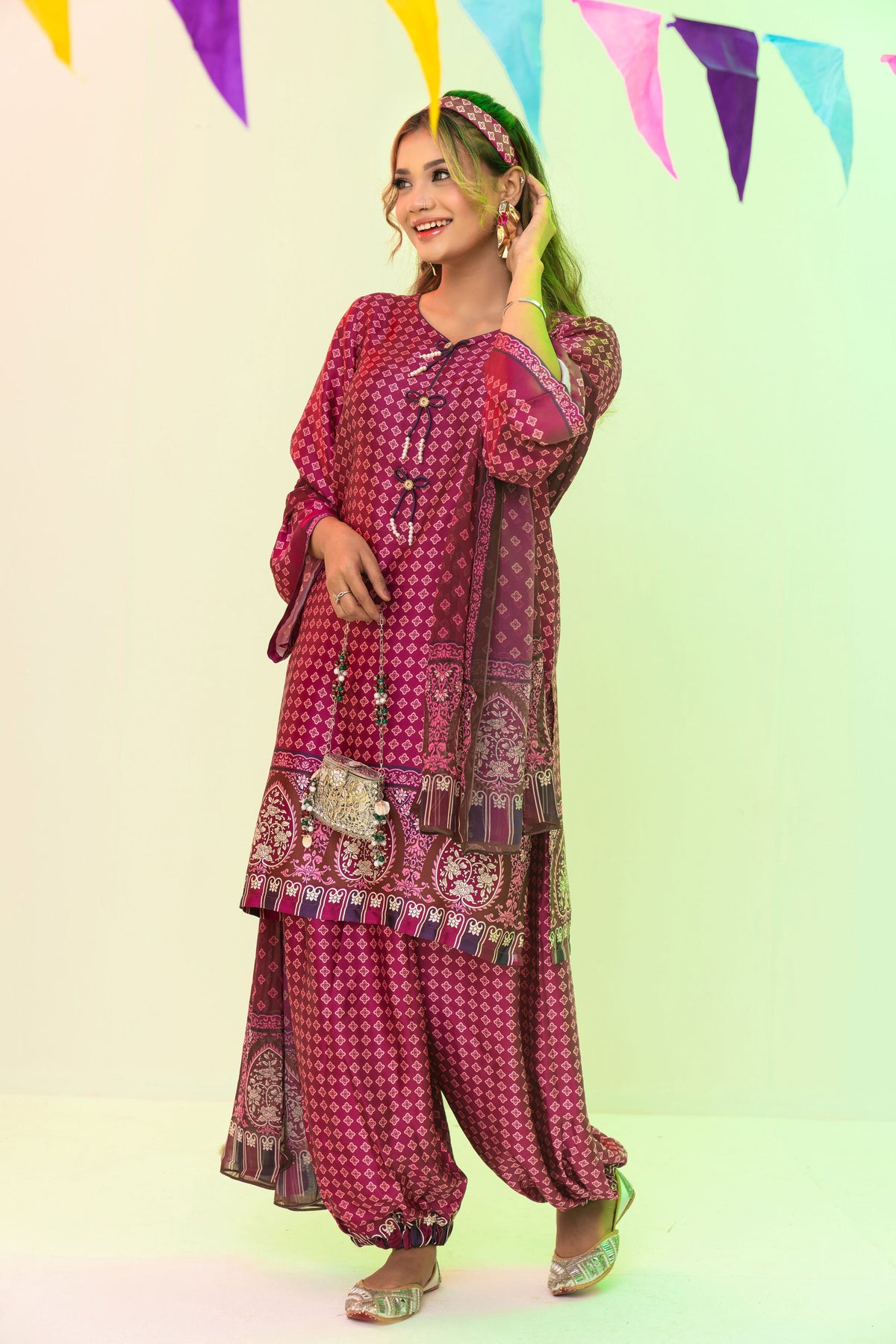 Plum Printed Elegance Three-Piece Set