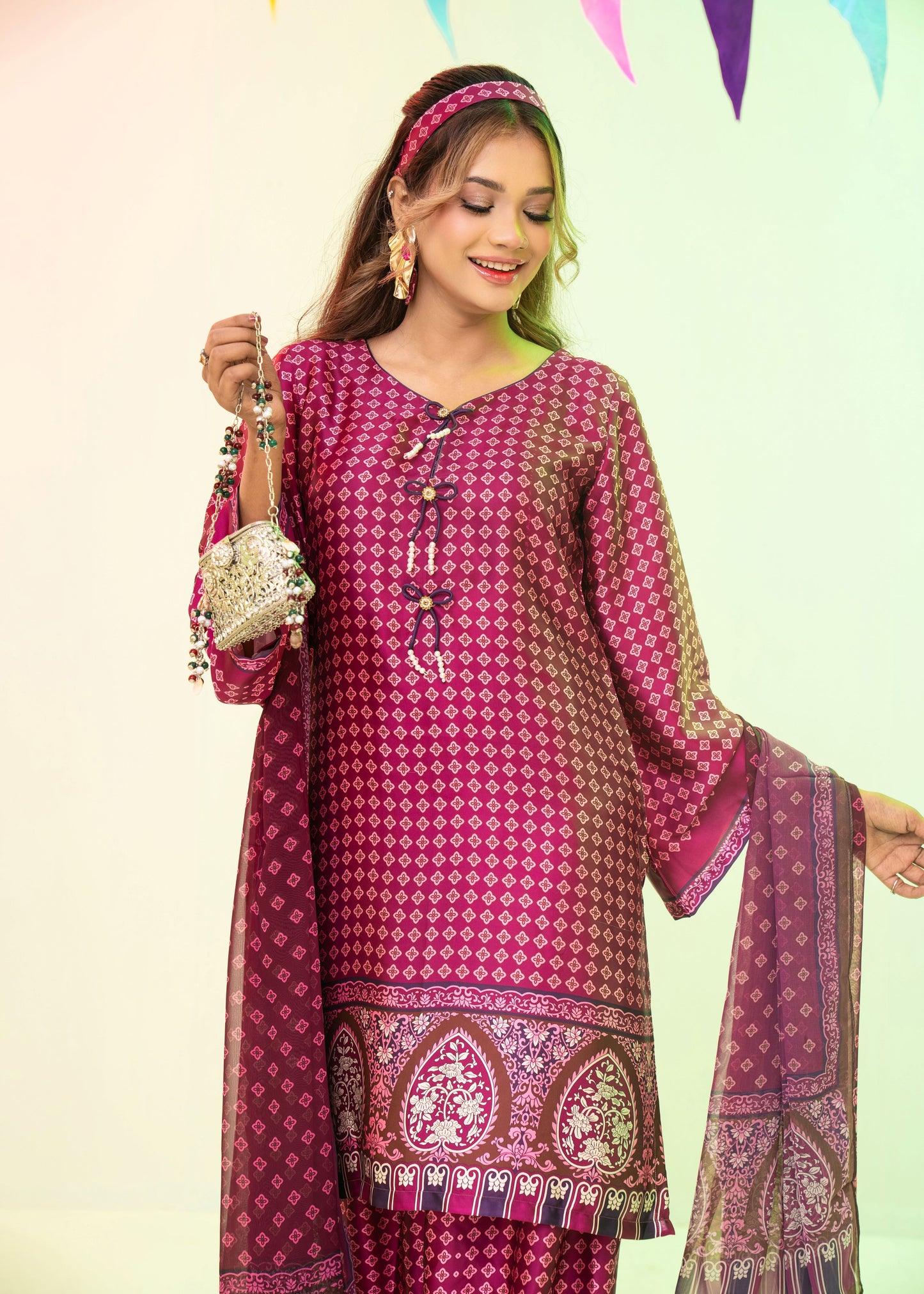 Plum Printed Elegance Three-Piece Set