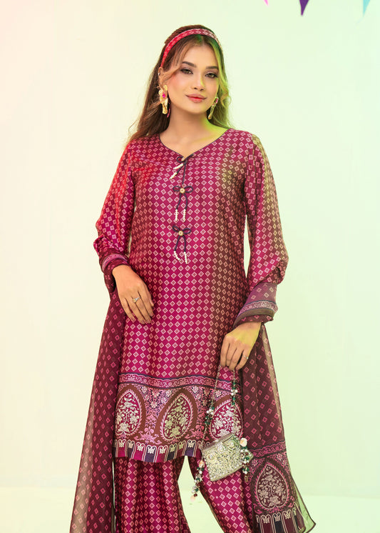 Plum Printed Elegance Three-Piece Set