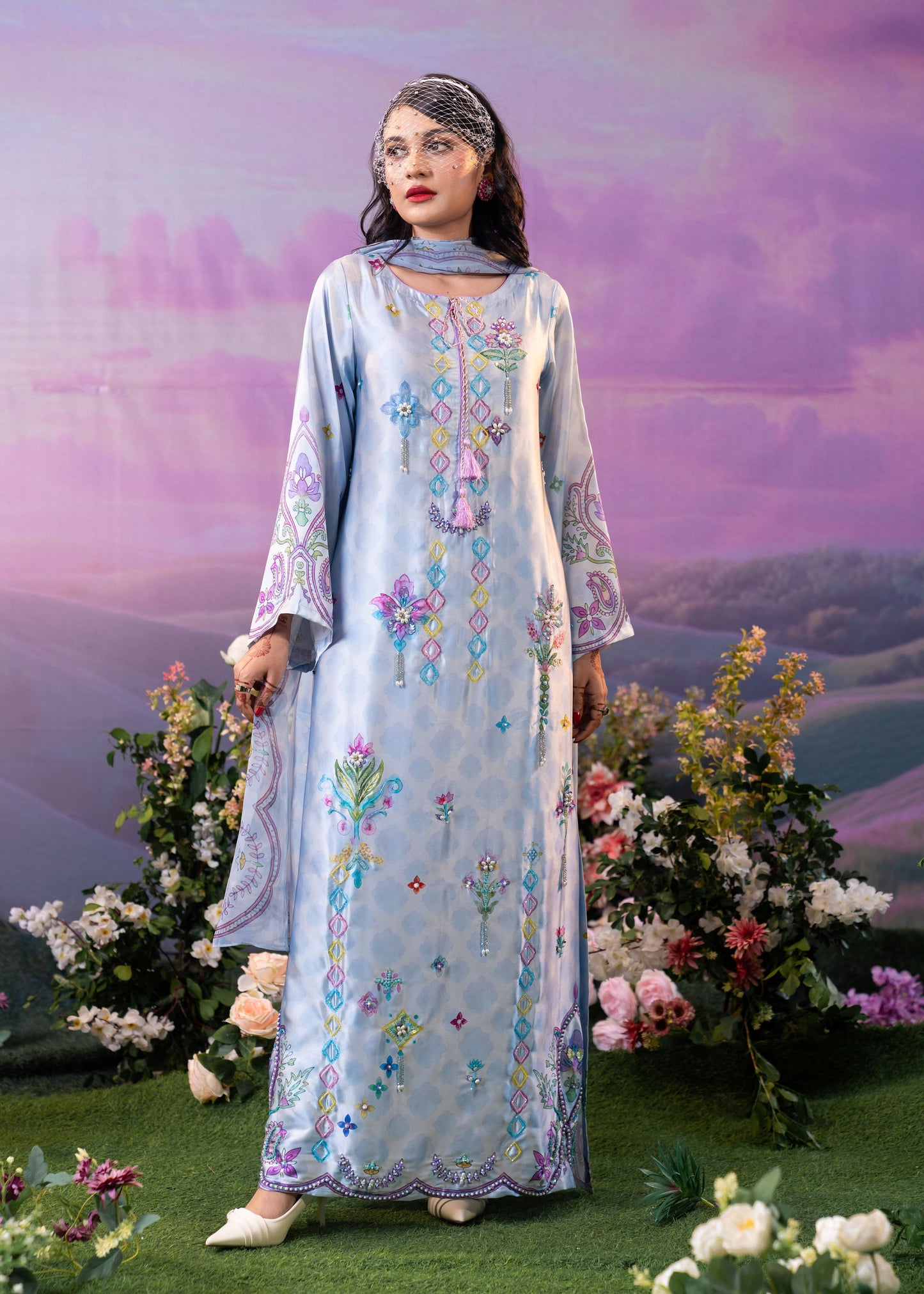 Pastel Blue Floral Printed  Kameez And Orna Set