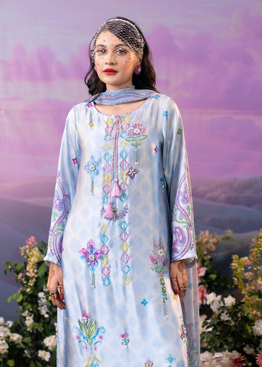 Pastel Blue Floral Printed Kameez and Dupatta Set