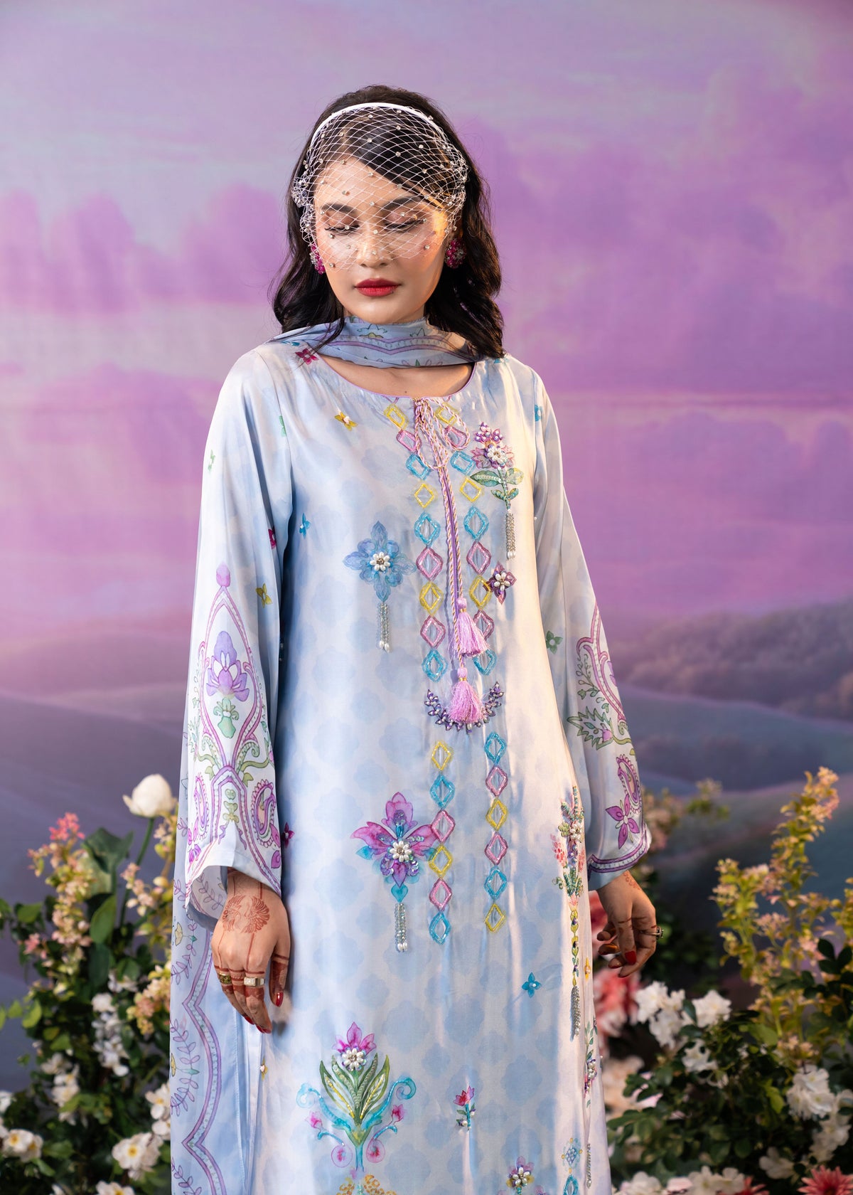 Pastel Blue Floral Printed  Kameez And Orna Set
