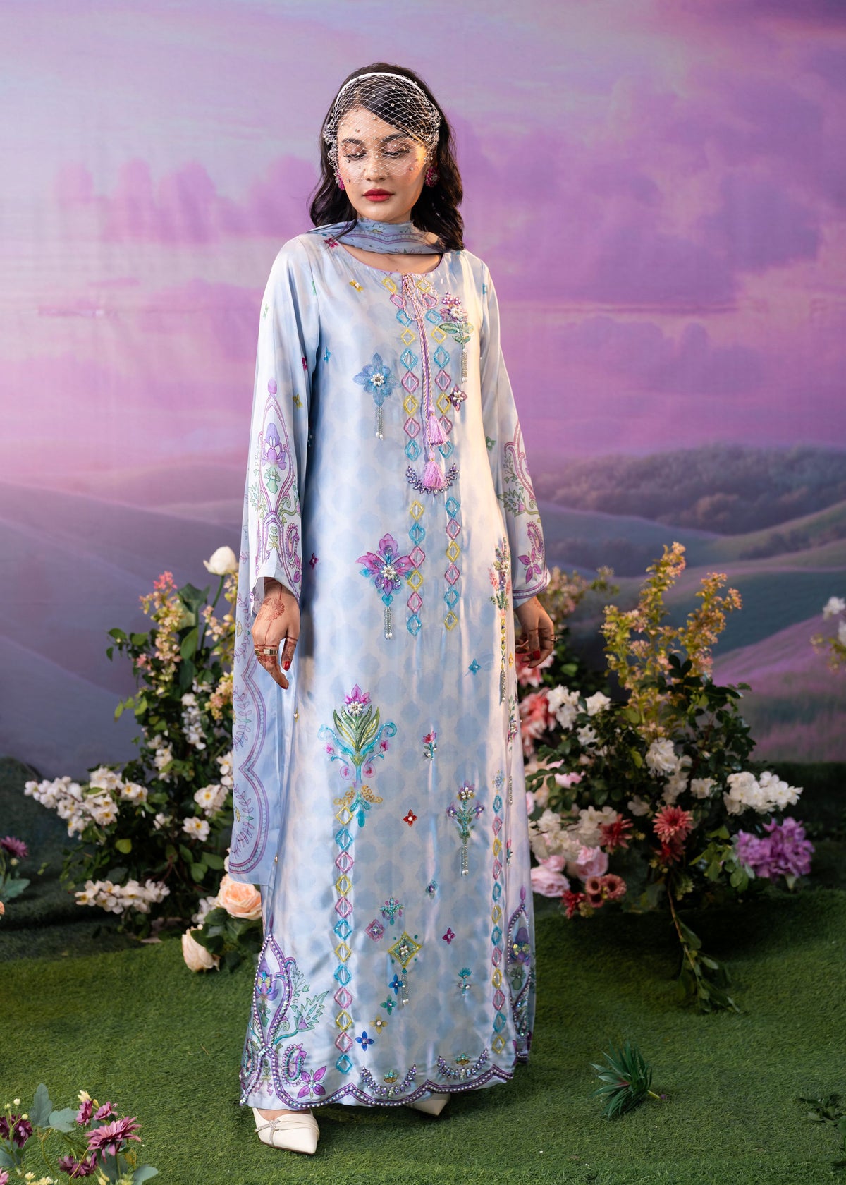 Pastel Blue Floral Printed  Kameez And Orna Set