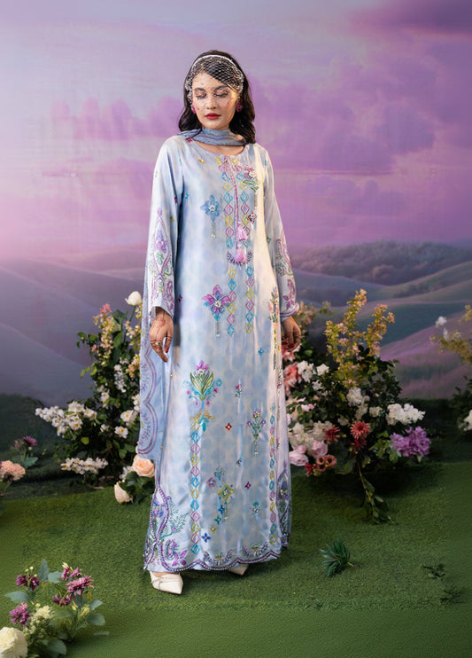 Pastel Blue Floral Printed Kameez and Dupatta Set