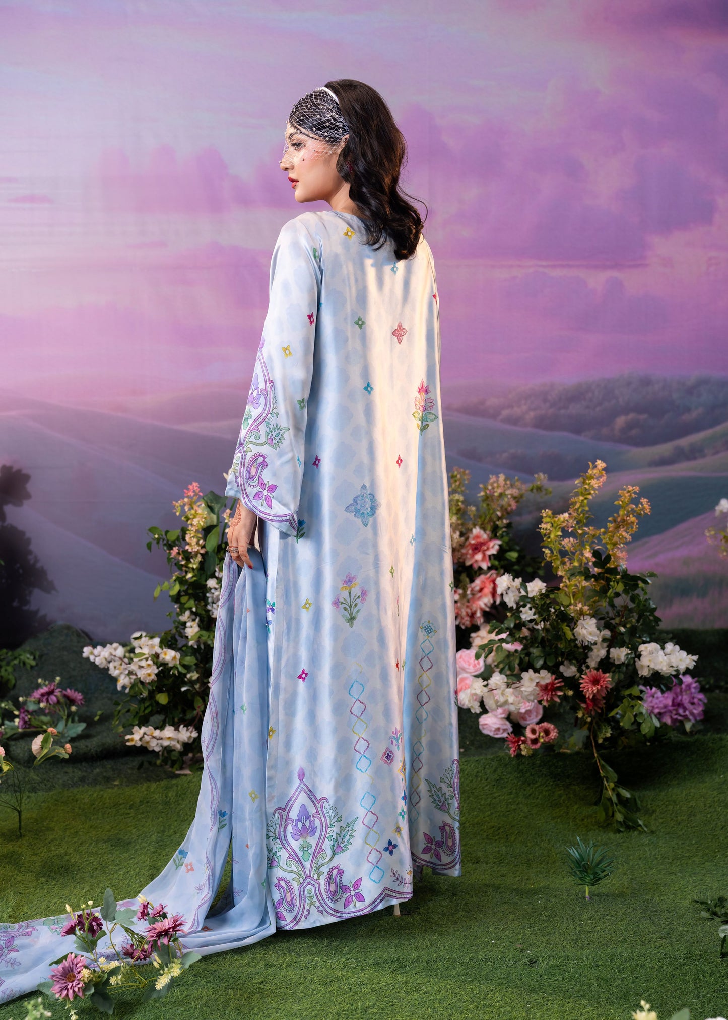 Pastel Blue Floral Printed  Kameez And Orna Set