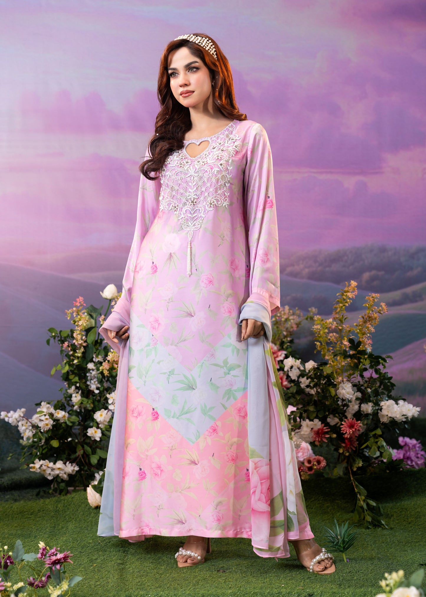 Pastel Pink Floral Printed Kameez And Orna Set