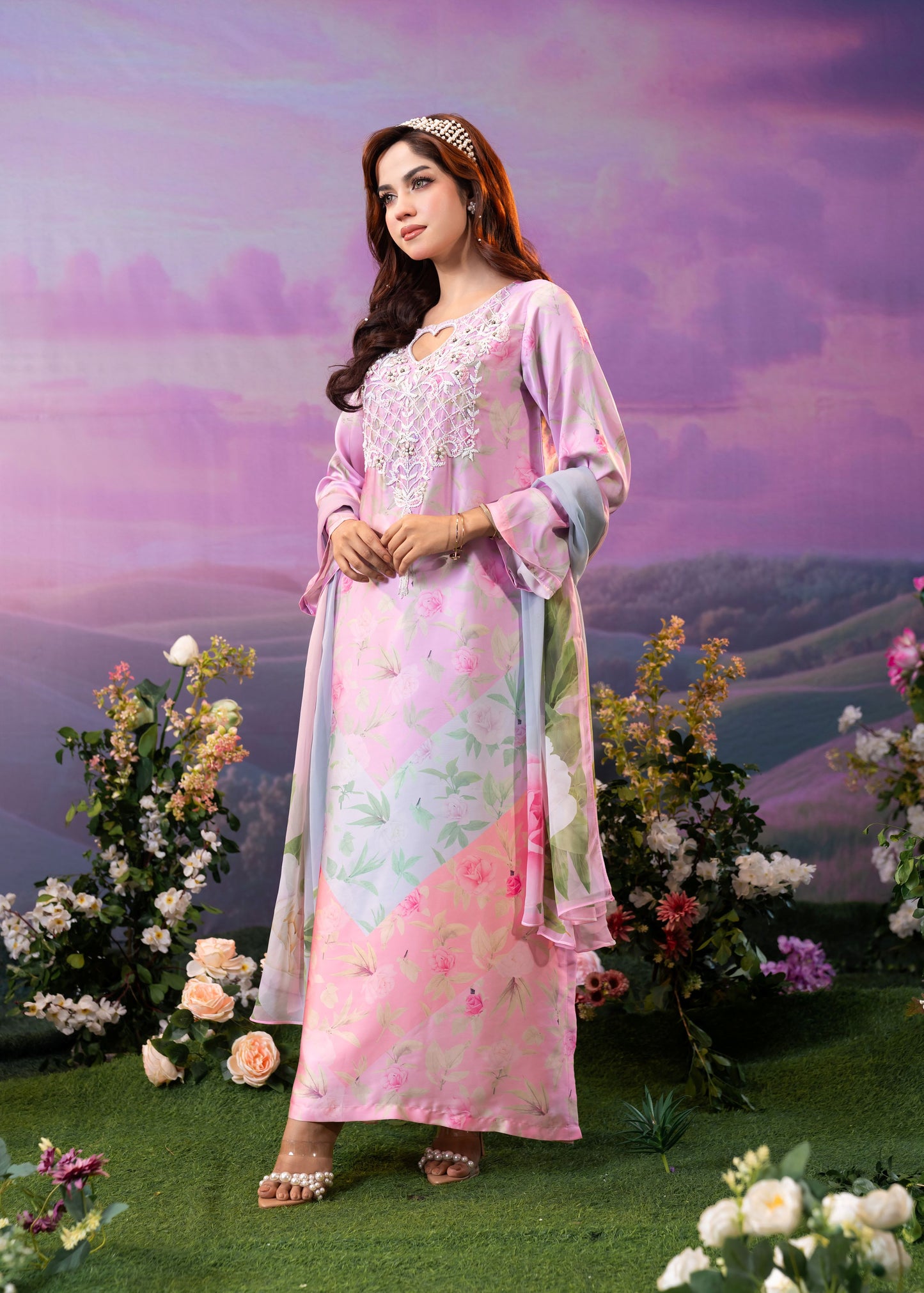 Pastel Pink Floral Printed Kameez And Orna Set