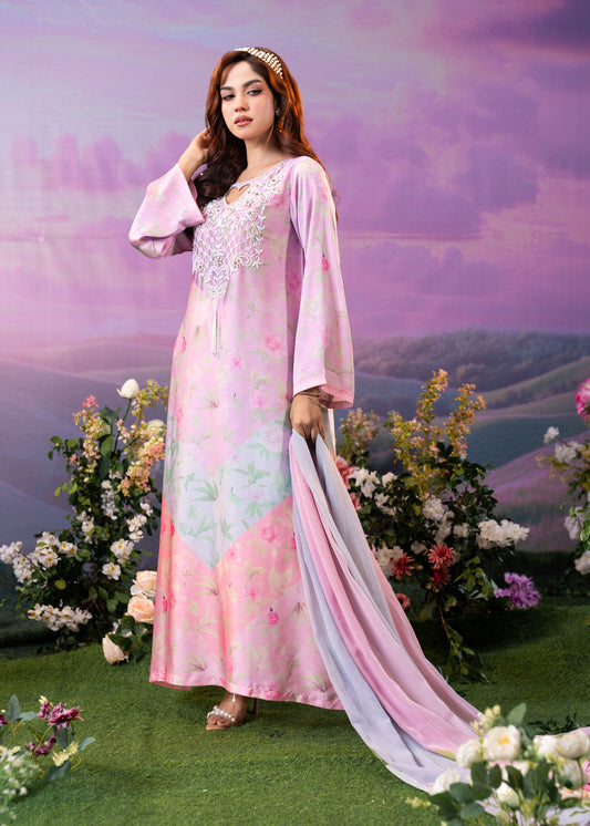 Pastel Pink Floral Printed Kameez and Dupatta Set