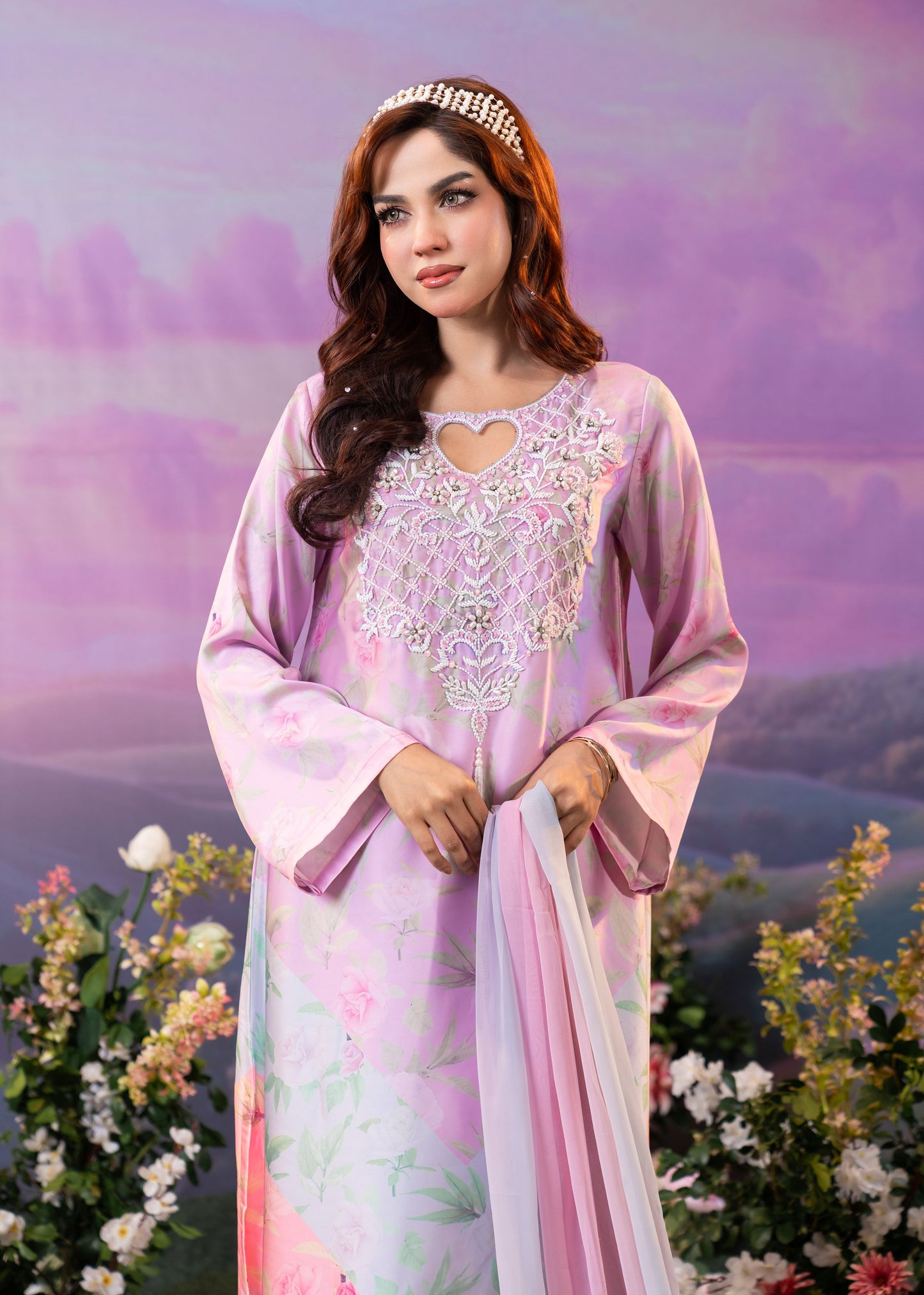 Pastel Pink Floral Printed Kameez And Orna Set