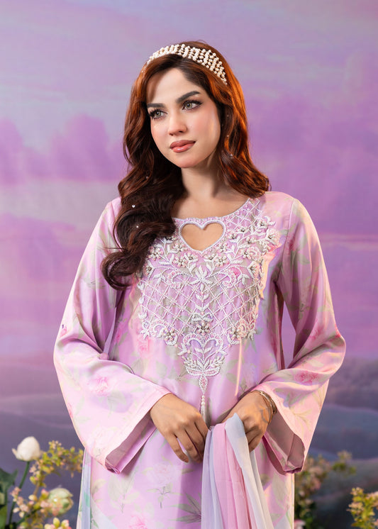 Pastel Pink Floral Printed Kameez and Dupatta Set