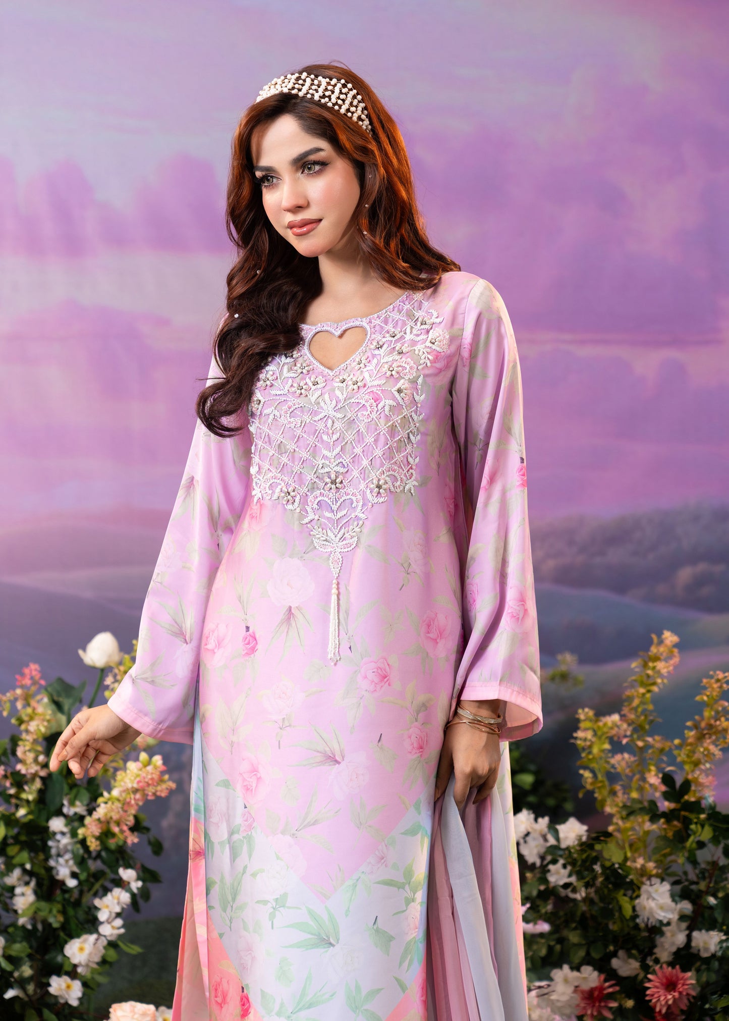 Pastel Pink Floral Printed Kameez And Orna Set