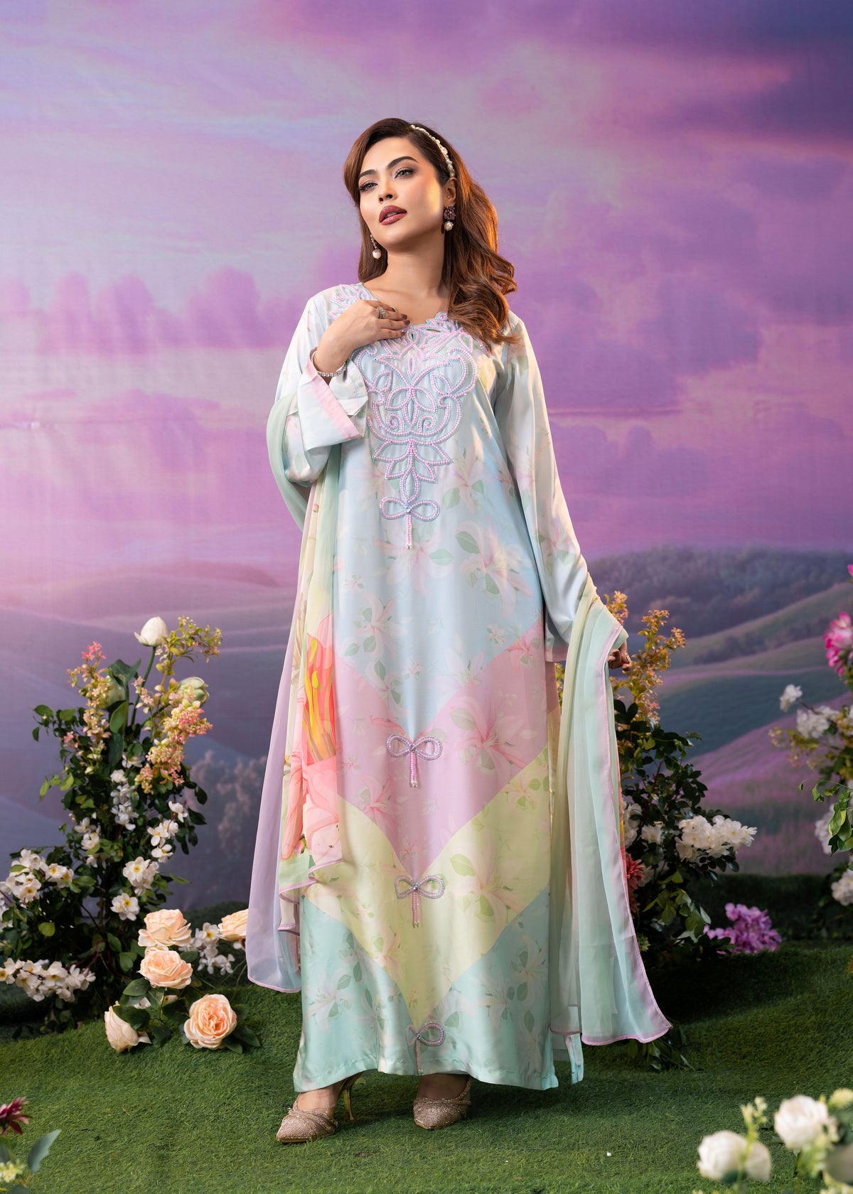 Pastel Dreamscape Kameez And Dupatta Set
