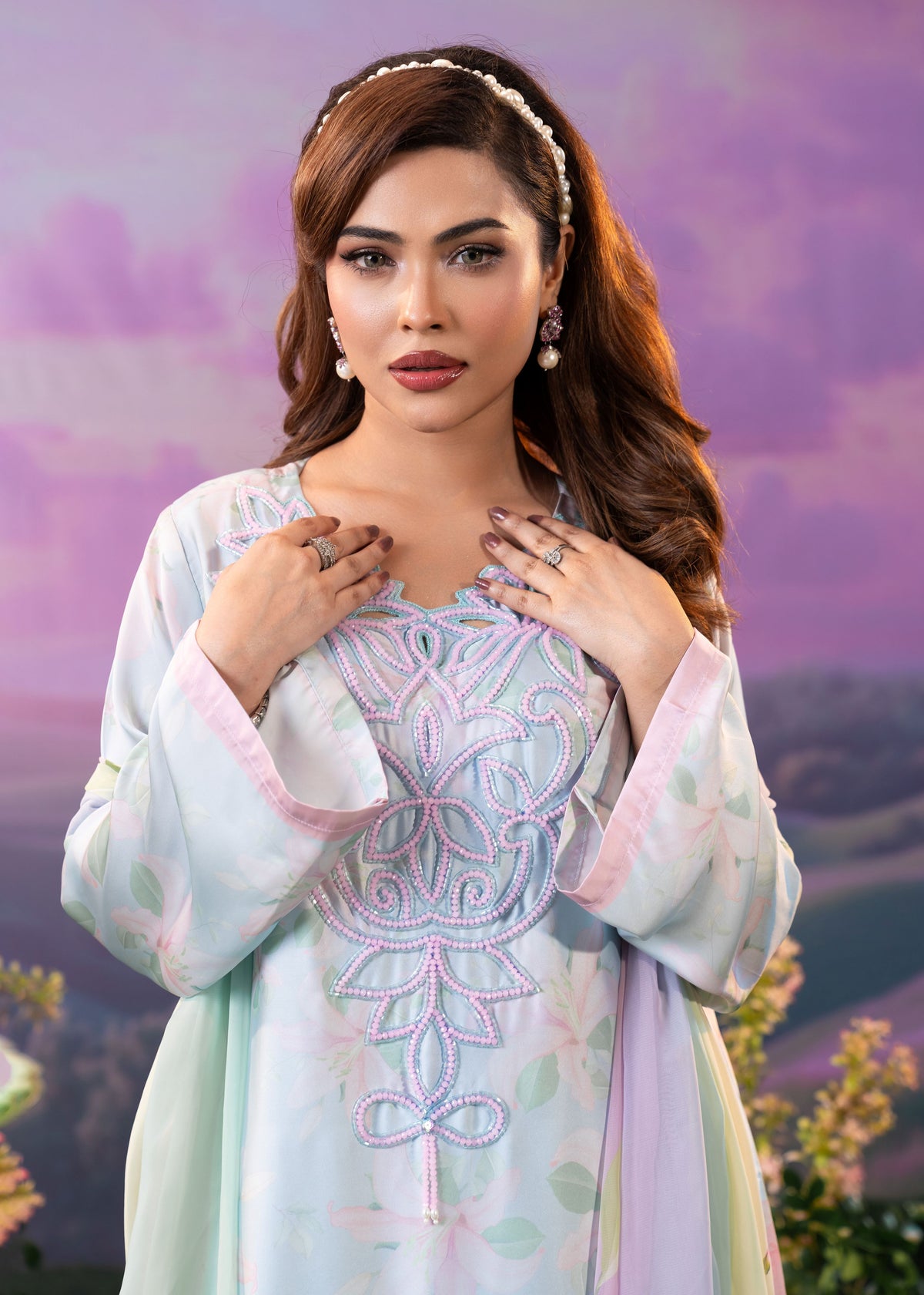 Pastel Dreamscape Kameez And Dupatta Set