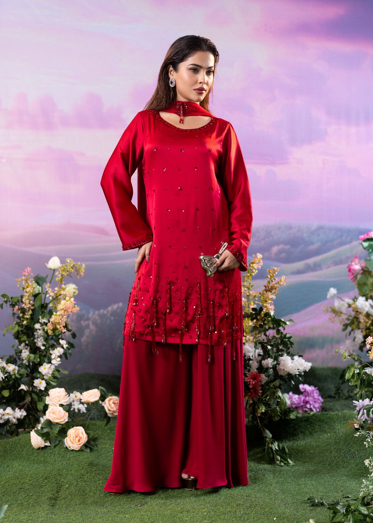 Ruby Red Embellished Three-Piece Set
