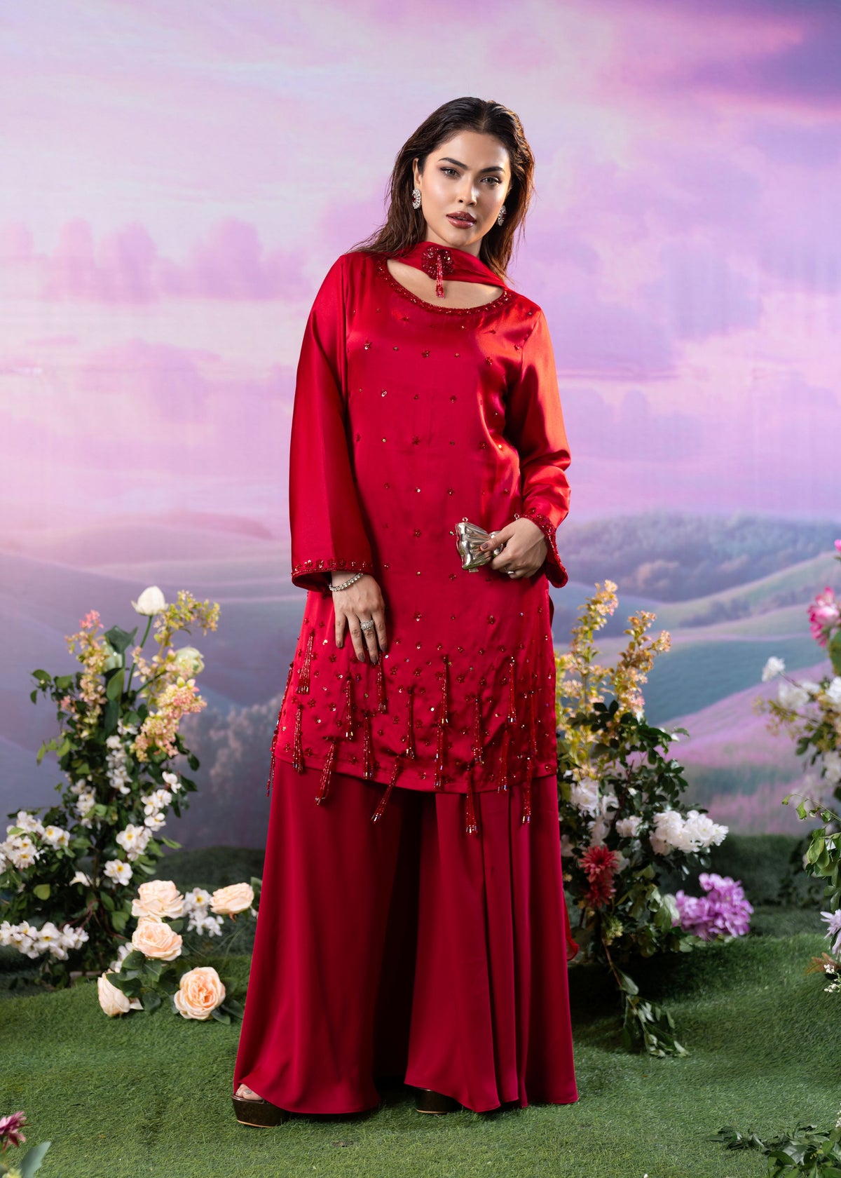 Ruby Red Embellished Three-Piece Set