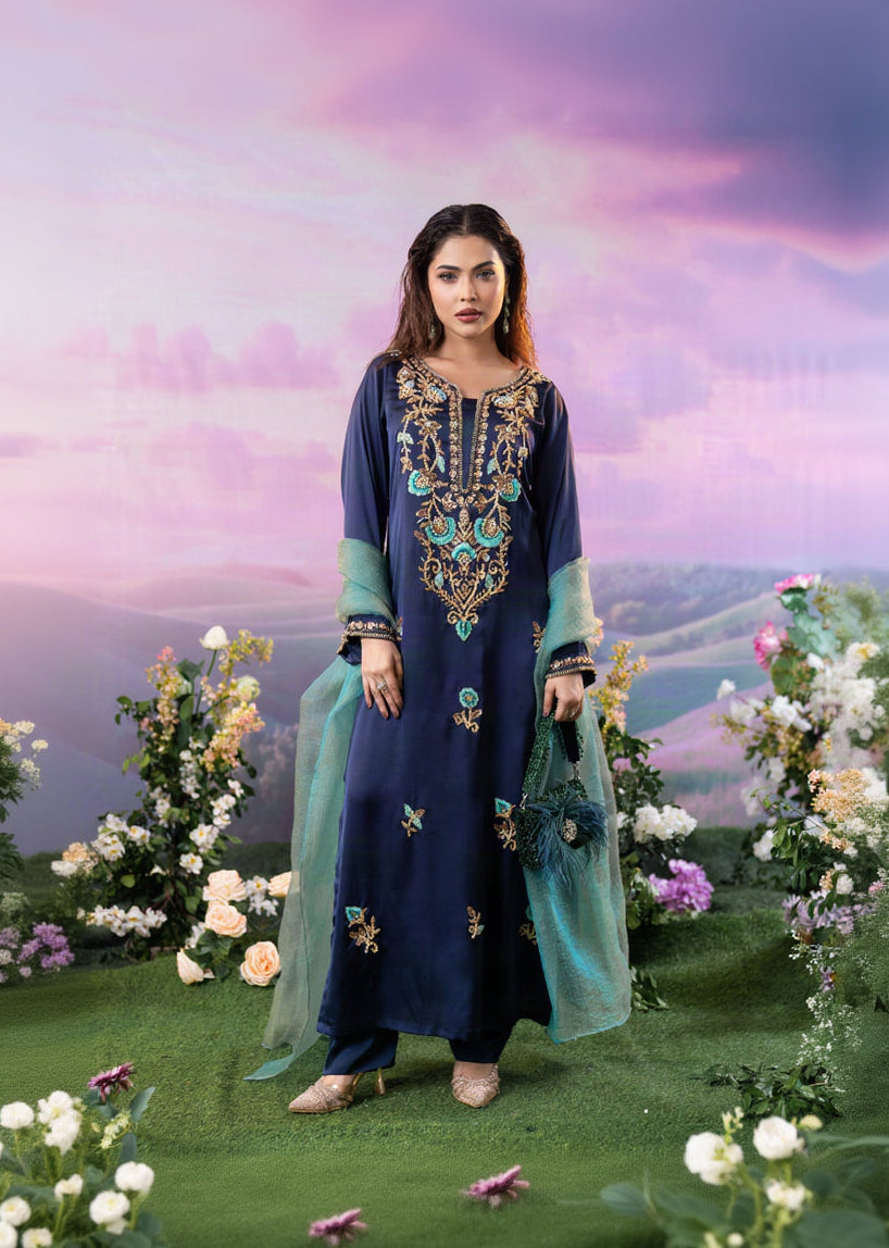 Midnight Teal Elegance Long Kameez