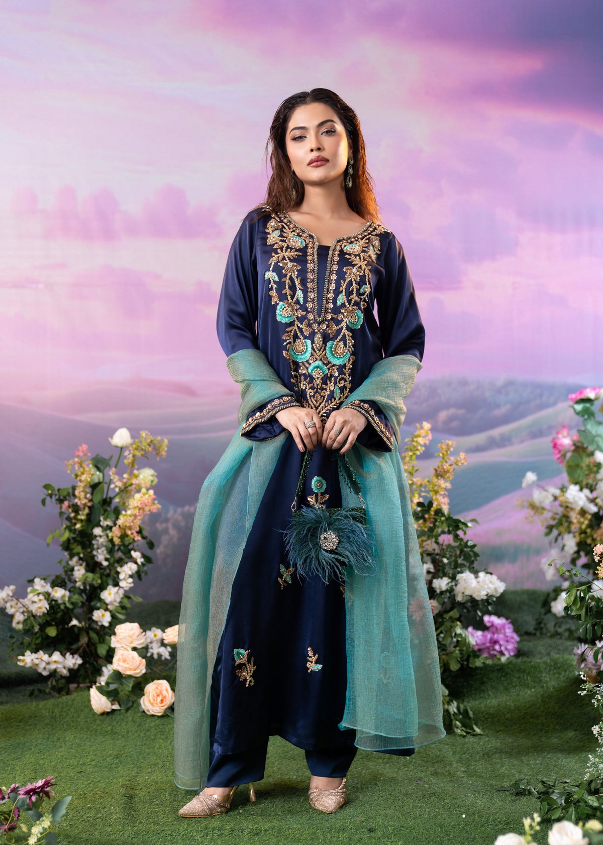 Midnight Teal Elegance Long Kameez