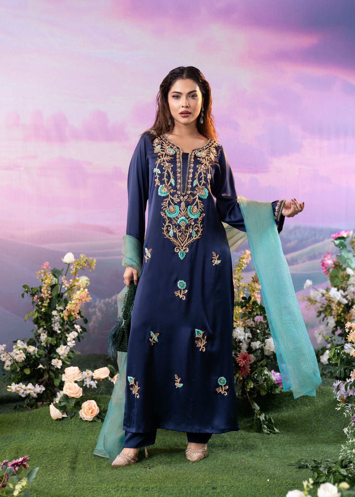 Midnight Teal Elegance Long Kameez