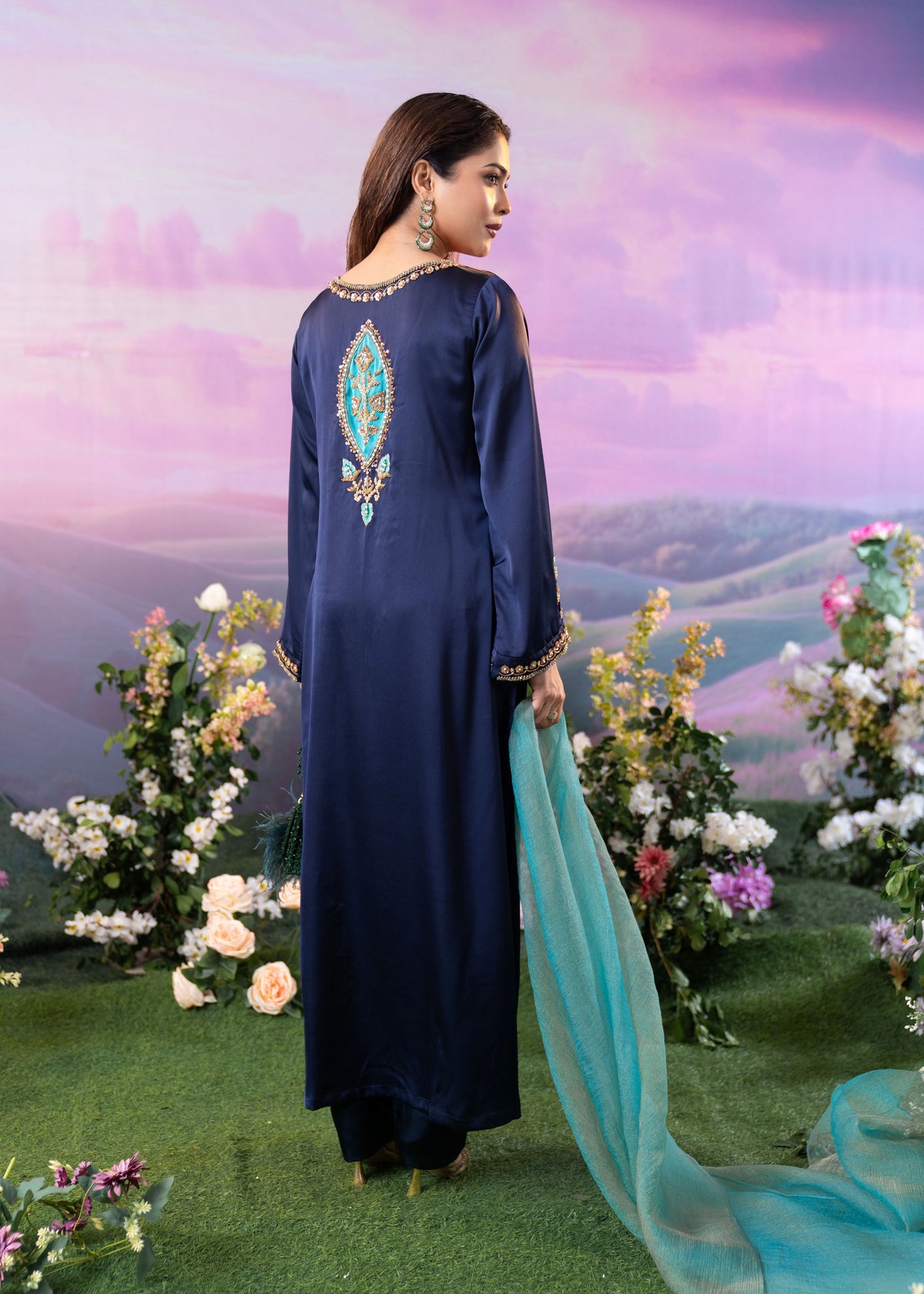 Midnight Teal Elegance Long Kameez