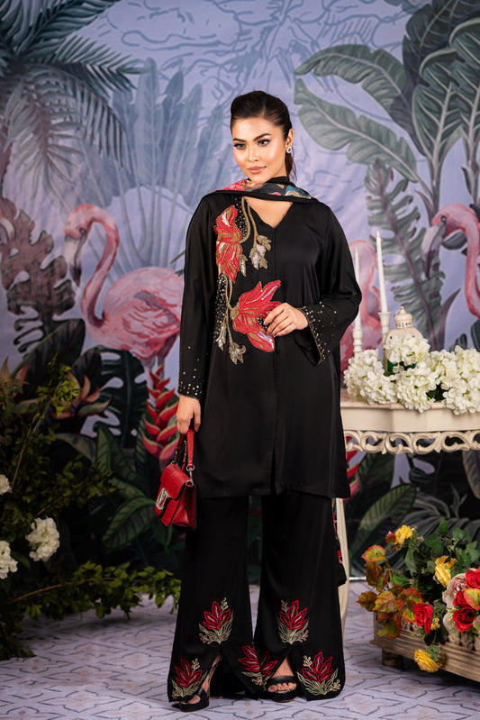 Elegant Black Floral Embroidered Suit