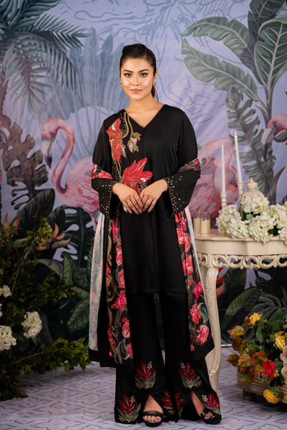 Elegant Black Floral Embroidered Suit