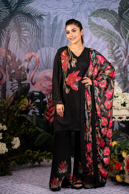 Elegant Black Floral Embroidered Suit