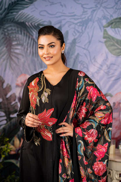 Elegant Black Floral Embroidered Suit