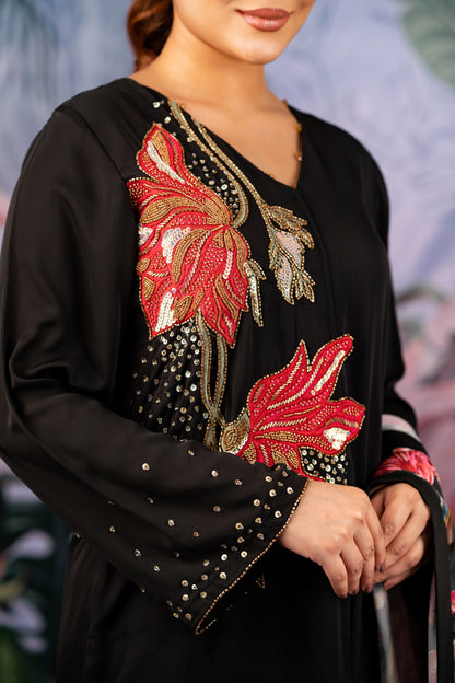 Elegant Black Floral Embroidered Suit