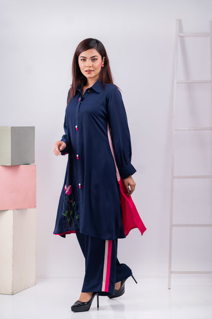 Navy Embroidered Floral Co-Ord