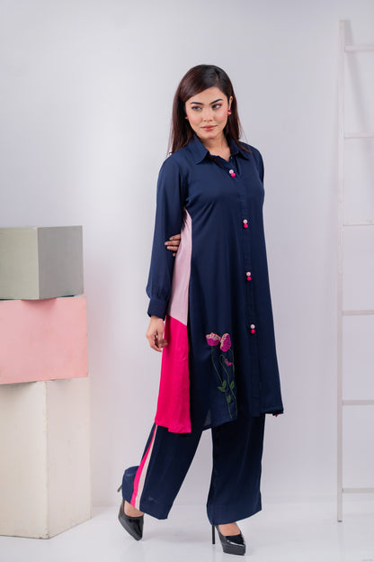 Navy Embroidered Floral Co-Ord
