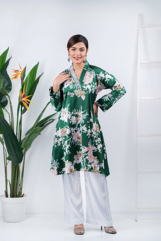 Floral Elegance Green Kurti Set