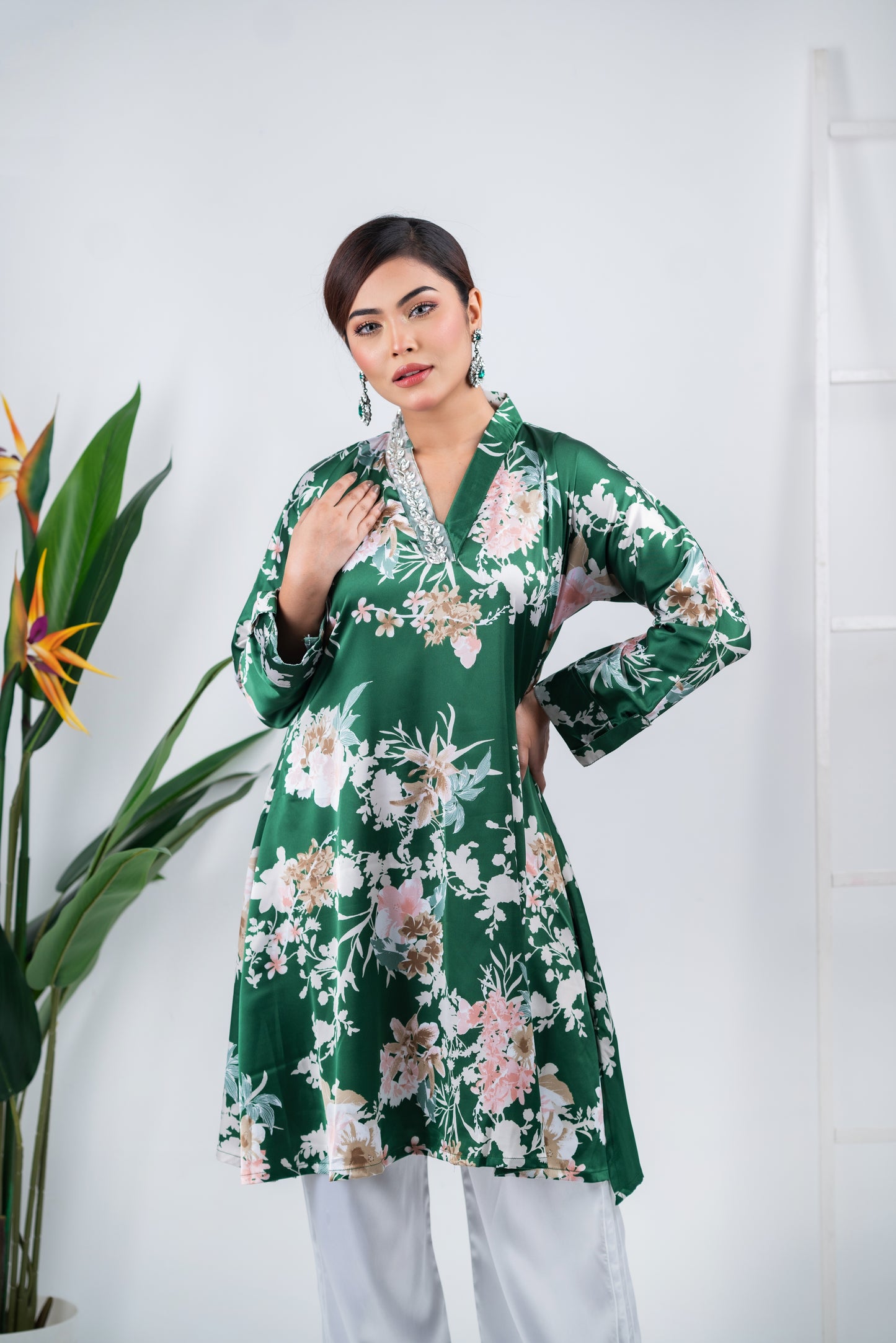 Floral Elegance Green Kurti Set