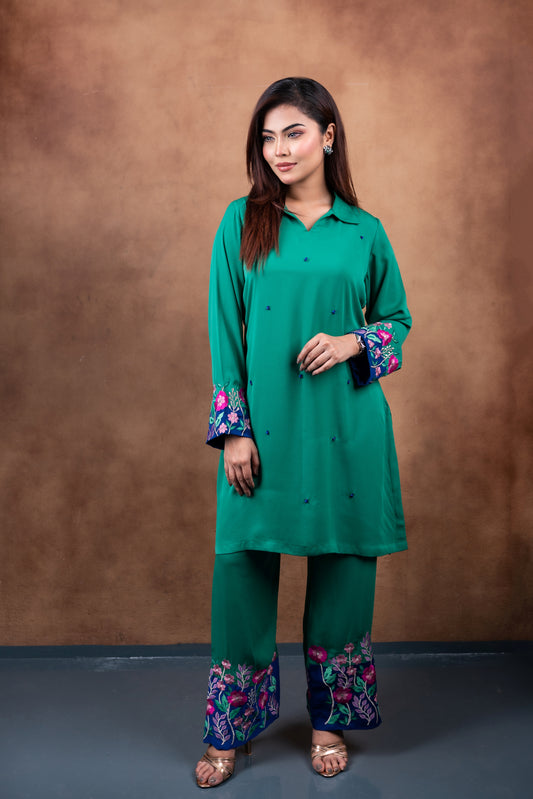 Emerald Bloom Embroidered Kurti Set