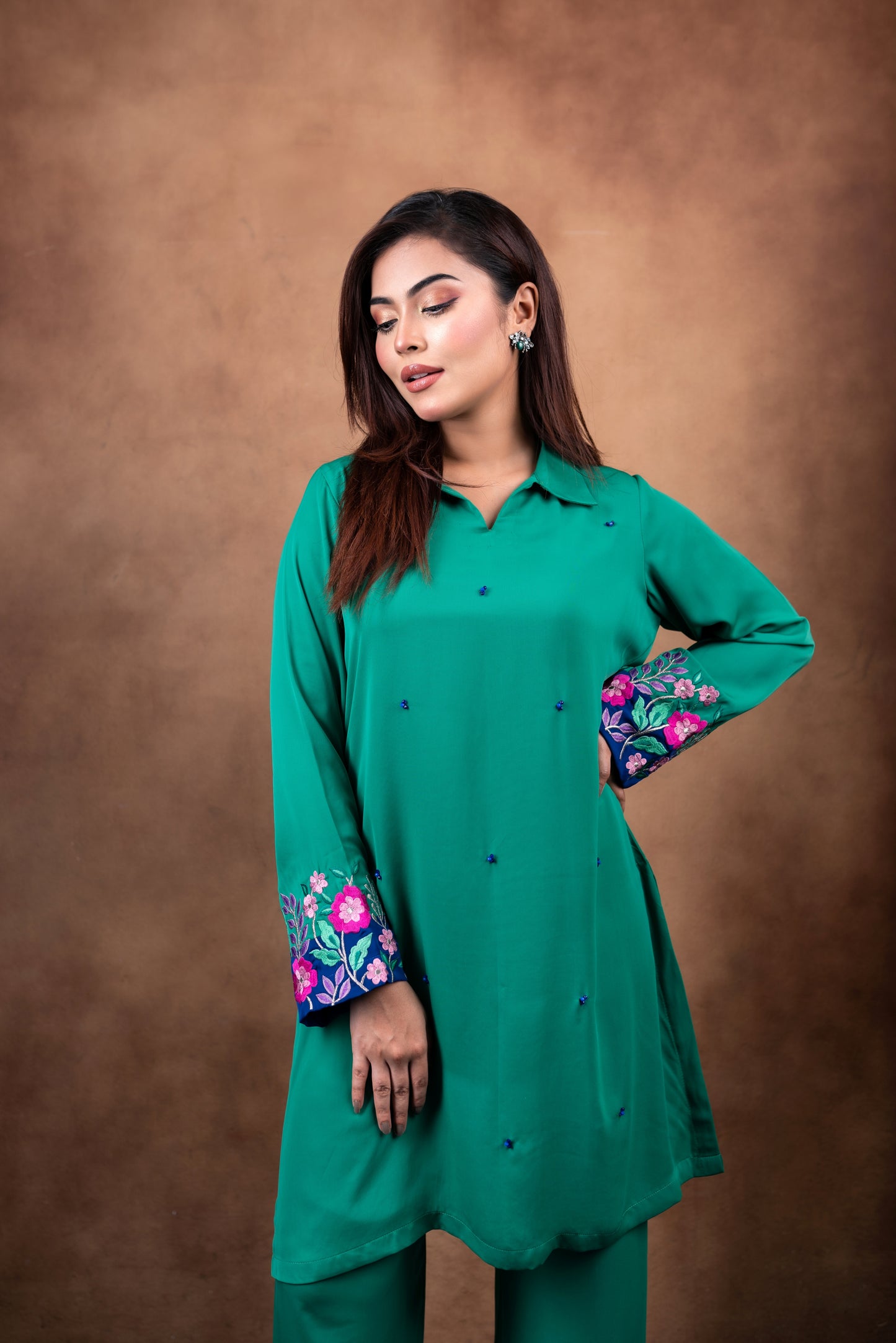 Emerald Bloom Embroidered Kurti Set