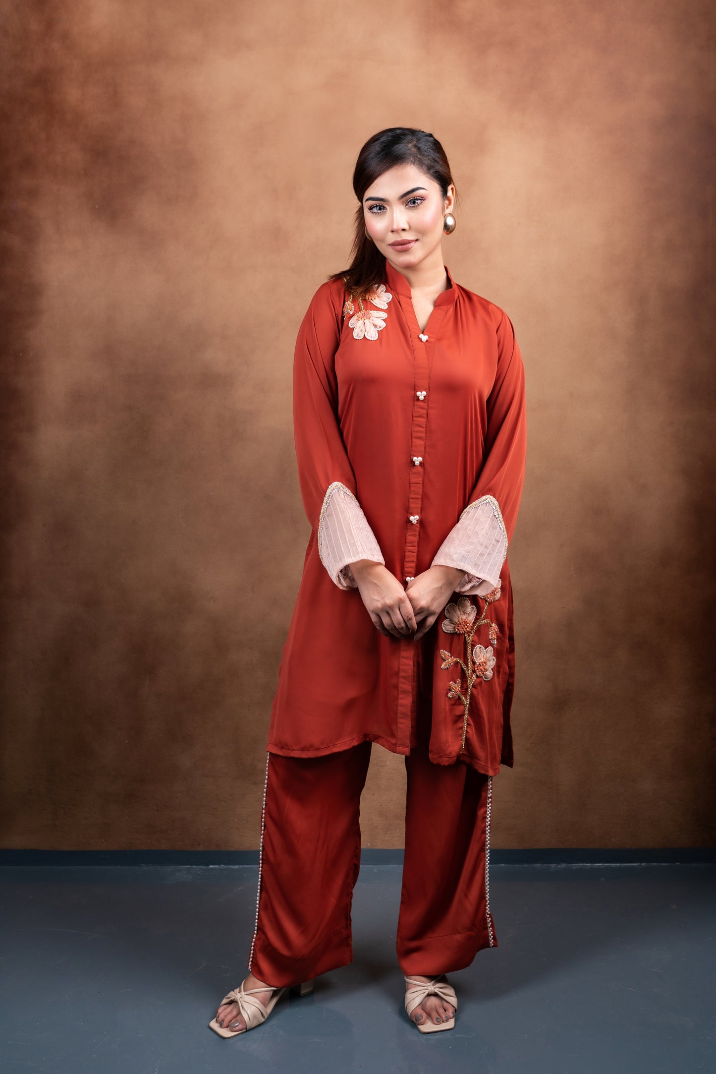 Brick Orange Floral Embroidered Kurti Set