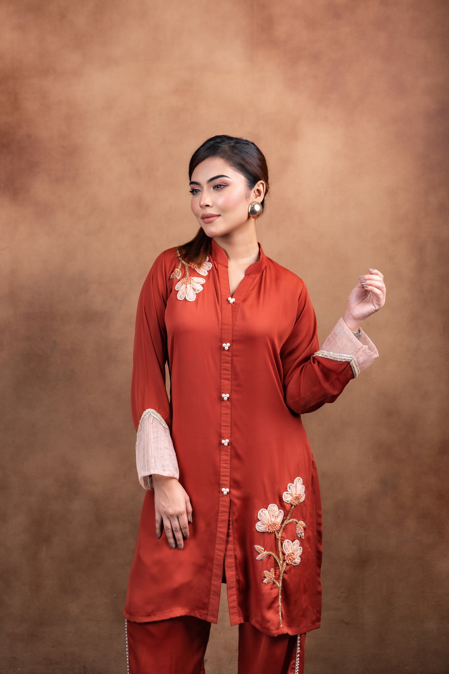 Brick Orange Floral Embroidered Kurti Set