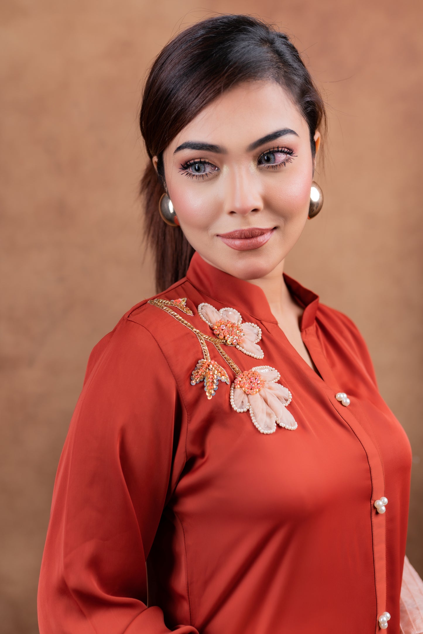 Brick Orange Floral Embroidered Kurti Set