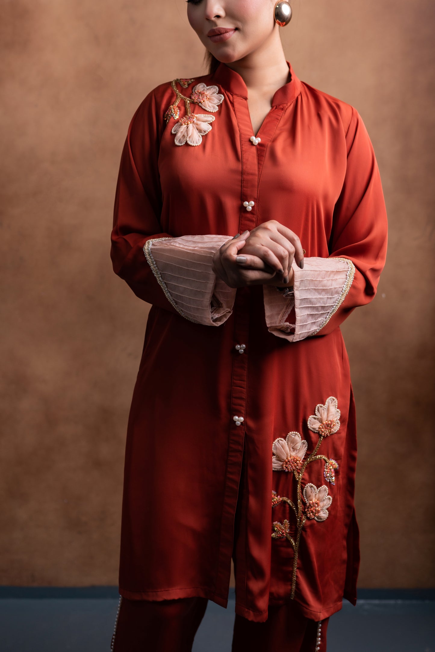 Brick Orange Floral Embroidered Kurti Set