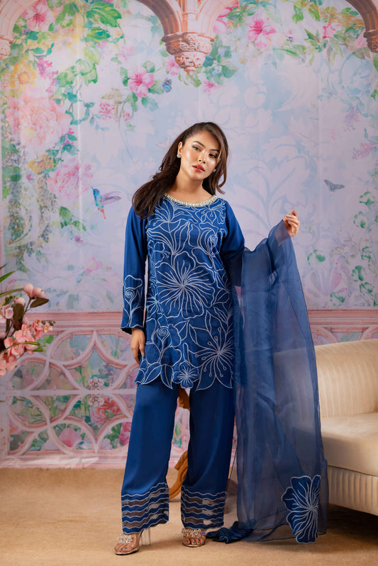 Royal Bloom – Navy Blue Embroidered Three-Piece Suit