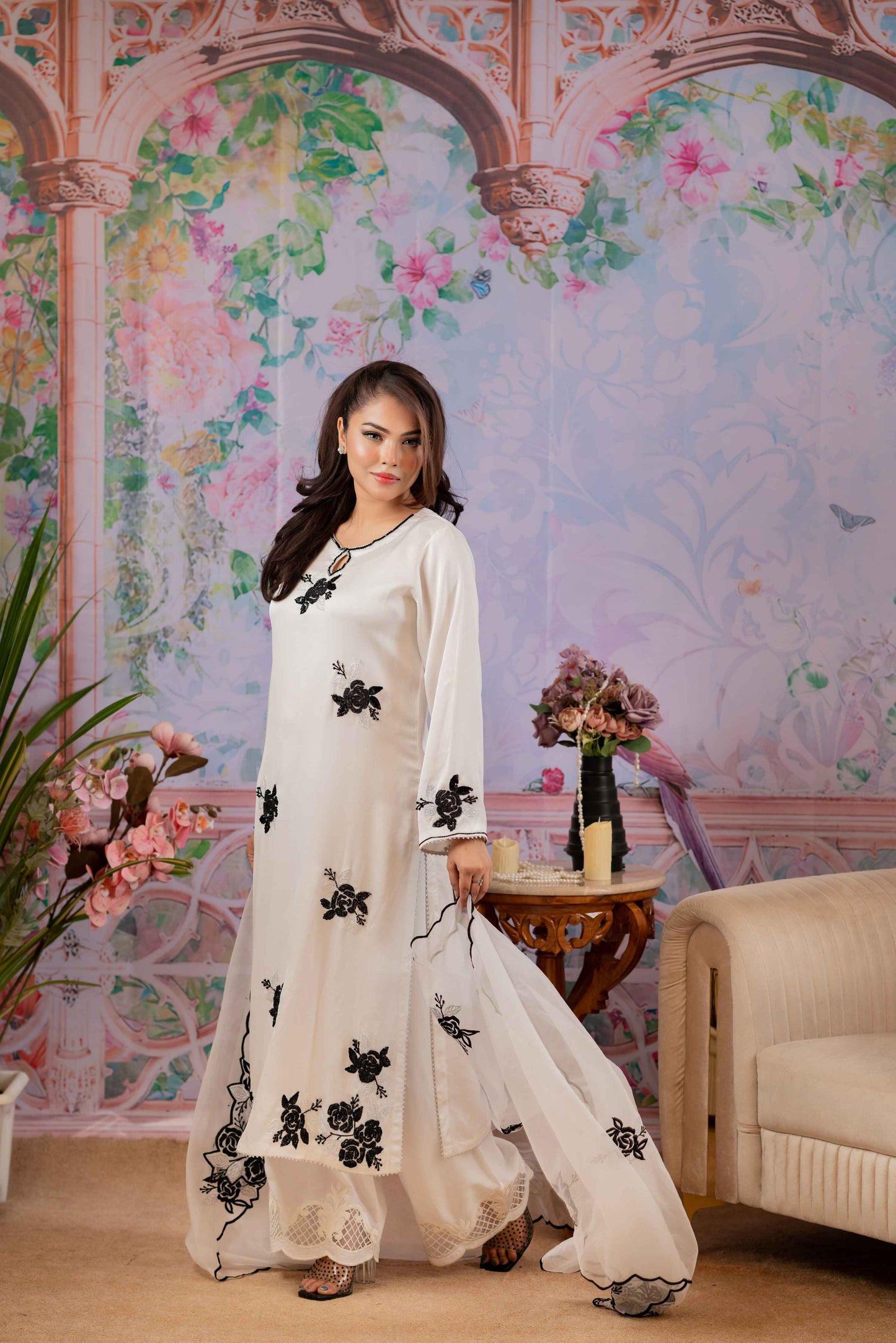 Ivory & Black Floral Embroidered Kameez & Dupatta