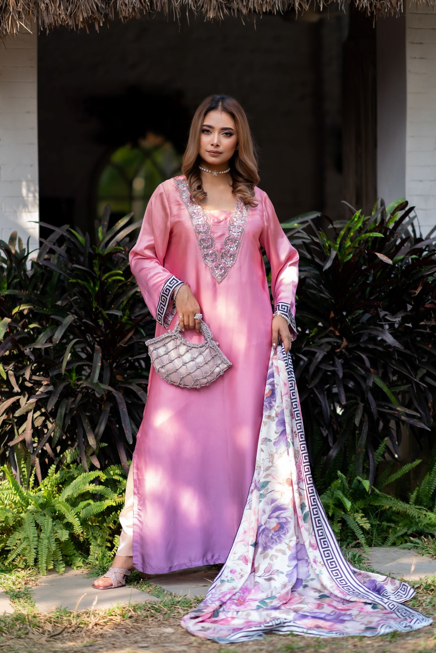 Blush Elegance – Embellished Pink Kameez with Floral Three Piece  Set