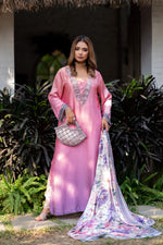 Blush Elegance – Embellished Pink Kameez with Floral Three Piece  Set