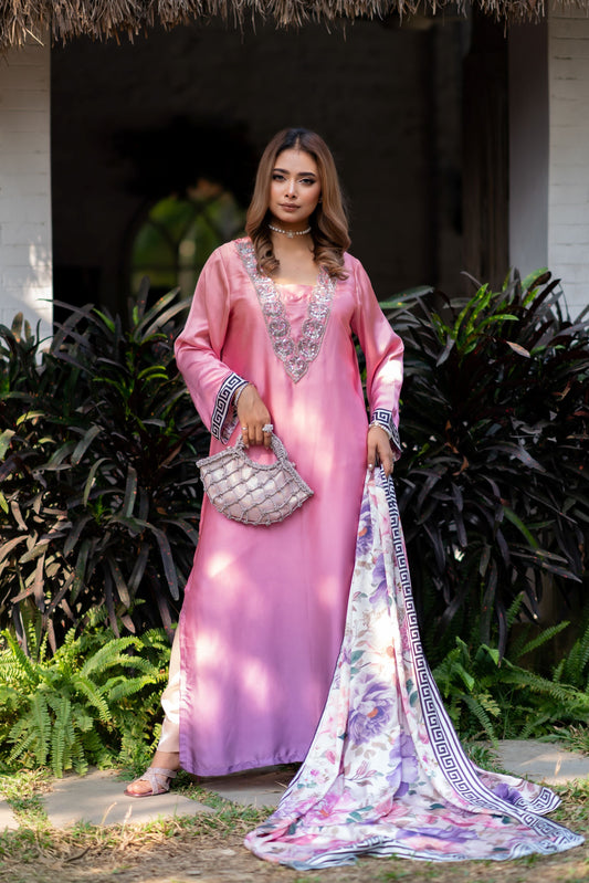 Blush Elegance – Embellished Pink Kaftan with Floral Three Piece  Set